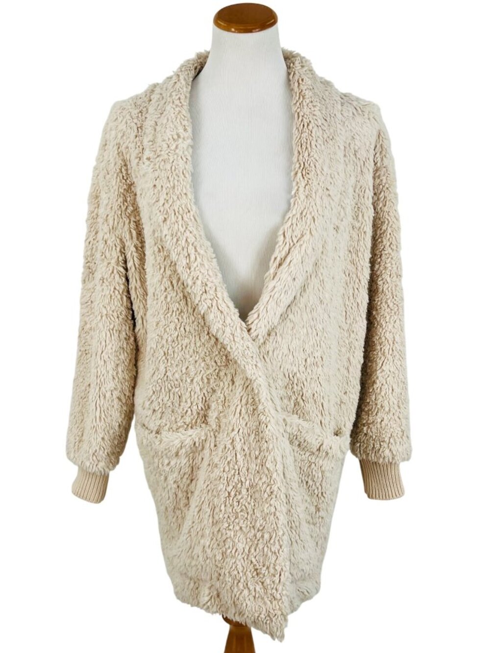 Faux Fur Light Beige Ribbed Cuffs Relaxed Fit Winter Teddy Bear Cardigan Coat L